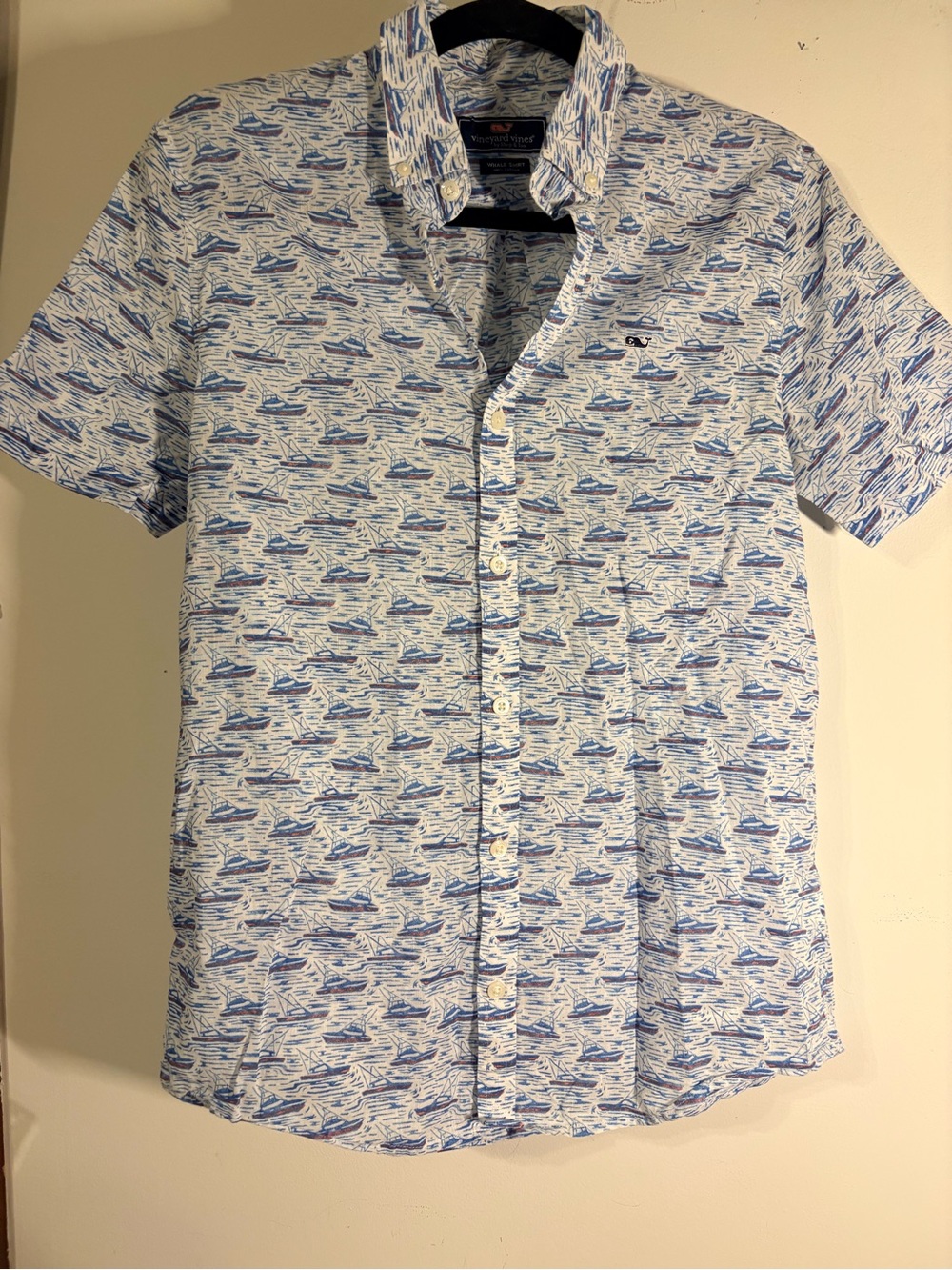 Vineyard Vines Light Blue Short Sleeve Boat-Print Button-Down Shirt